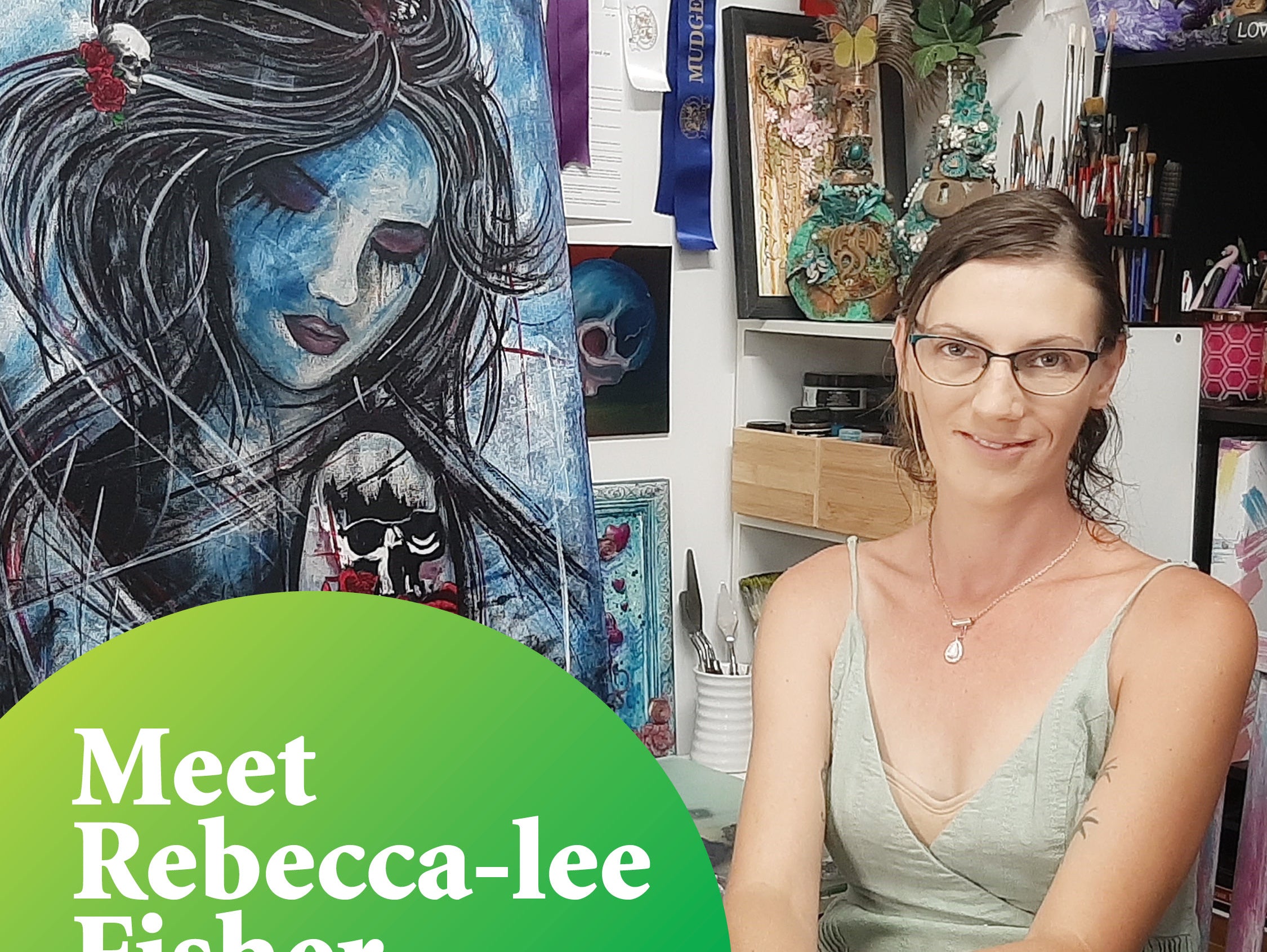 Rebecca-lee Fisher smiles at the camera with her self-portrait painting in the background