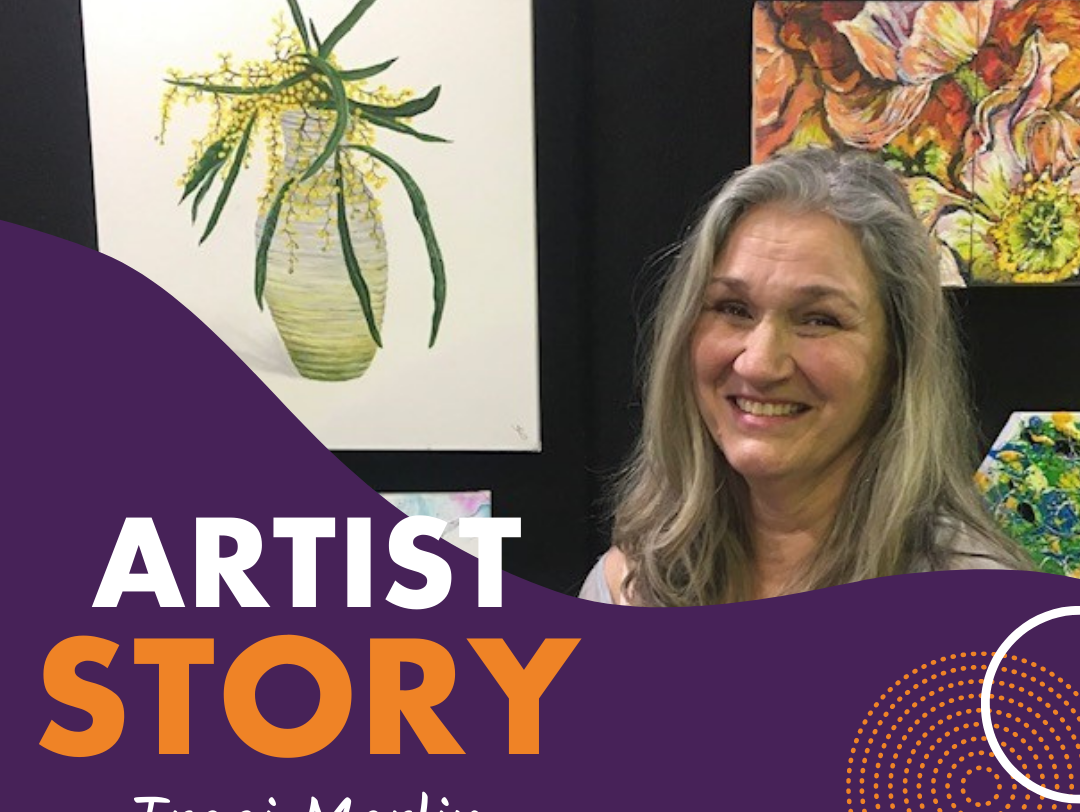 Traci smiling whilst standing next to her artwork at the 2022 Recovered Futures Art Exhibition. There is text which reads "Artist Story - Traci Marlin"