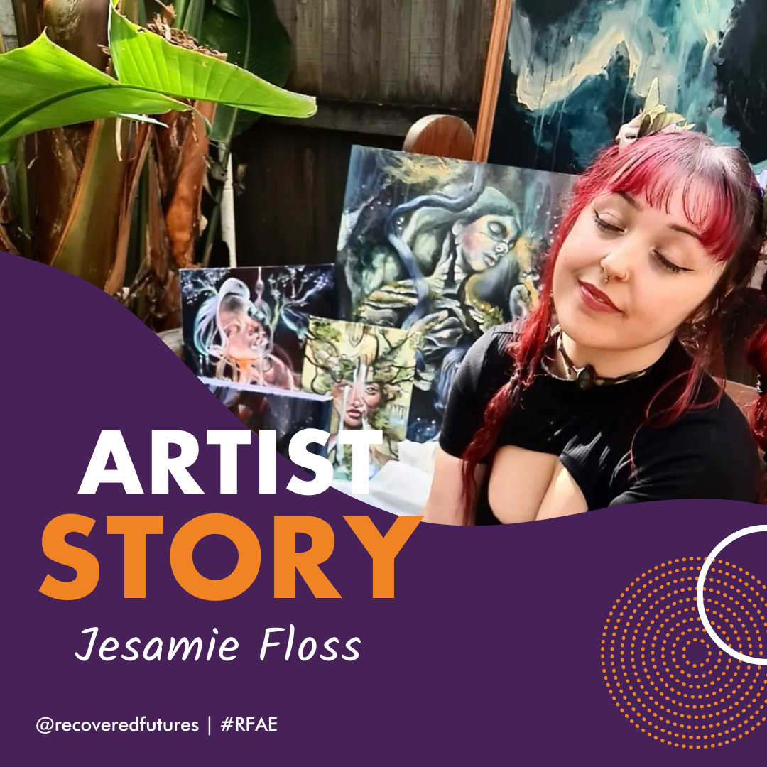 Jesamie Floss sitting nonchalantly by a collection of artworks with the sun shining on her face outdoors.