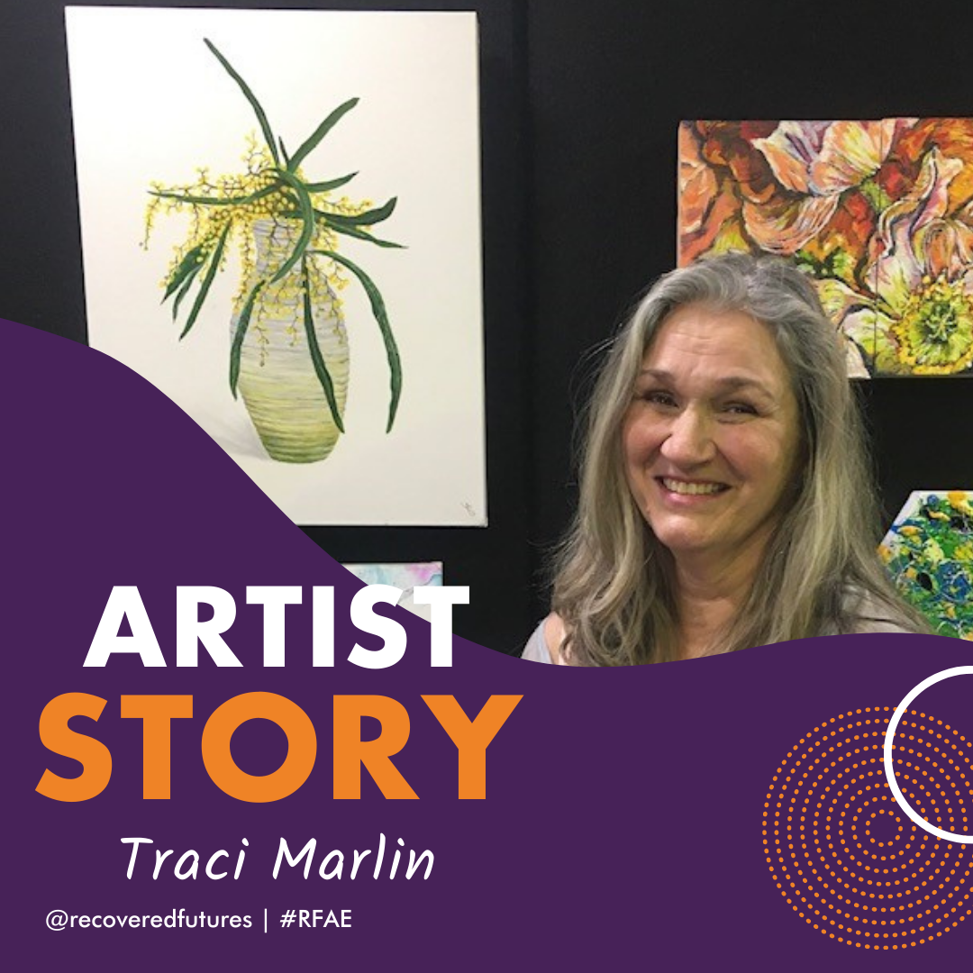Traci smiling whilst standing next to her artwork at the 2022 Recovered Futures Art Exhibition. There is text which reads "Artist Story - Traci Marlin"