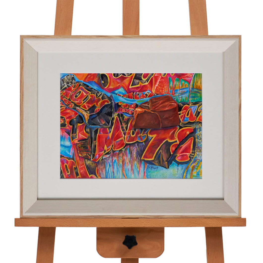 An abstract artwork featuring a Mars bar chocolate as the centrepiece, in a white frame.